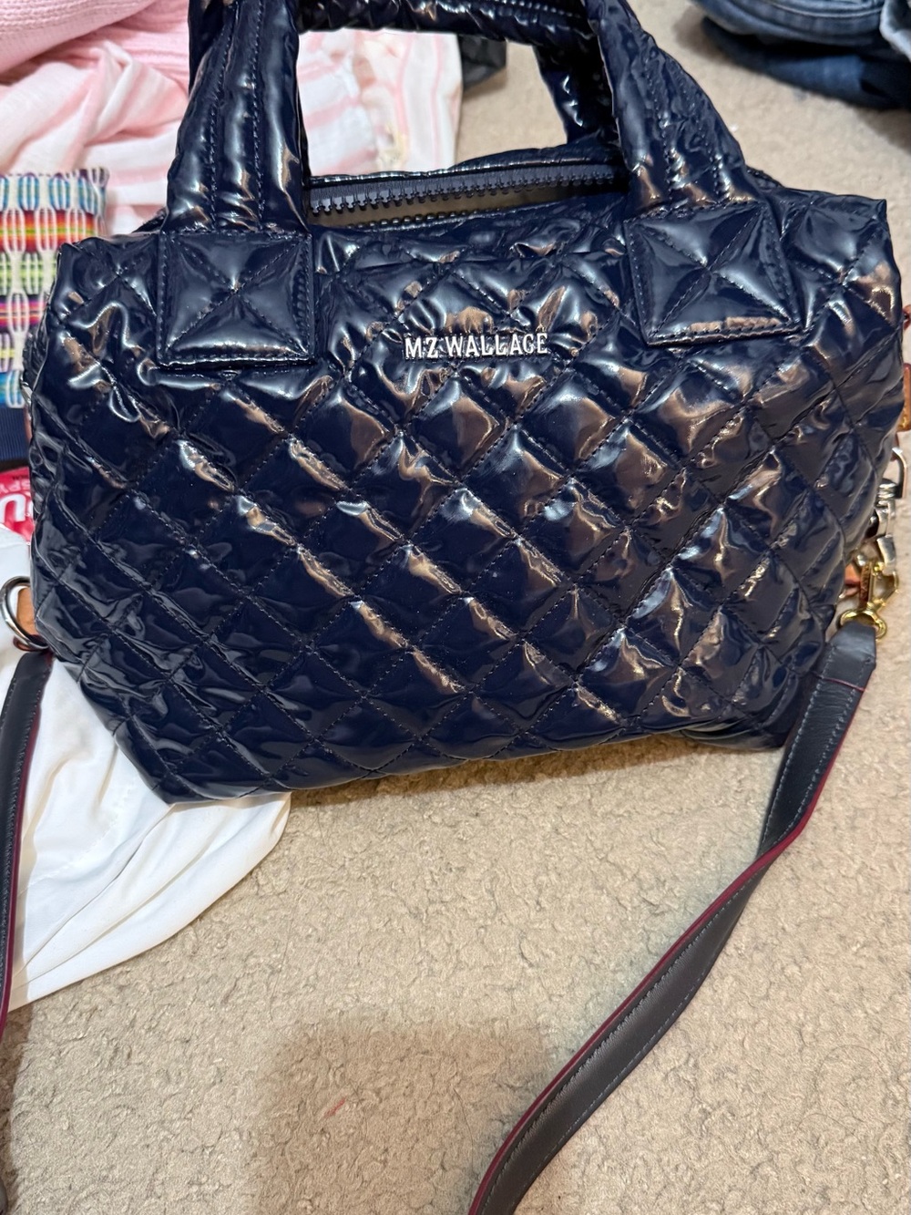 MZ Wallace Quilted Patent Satchel in Navy with Detachable Strap